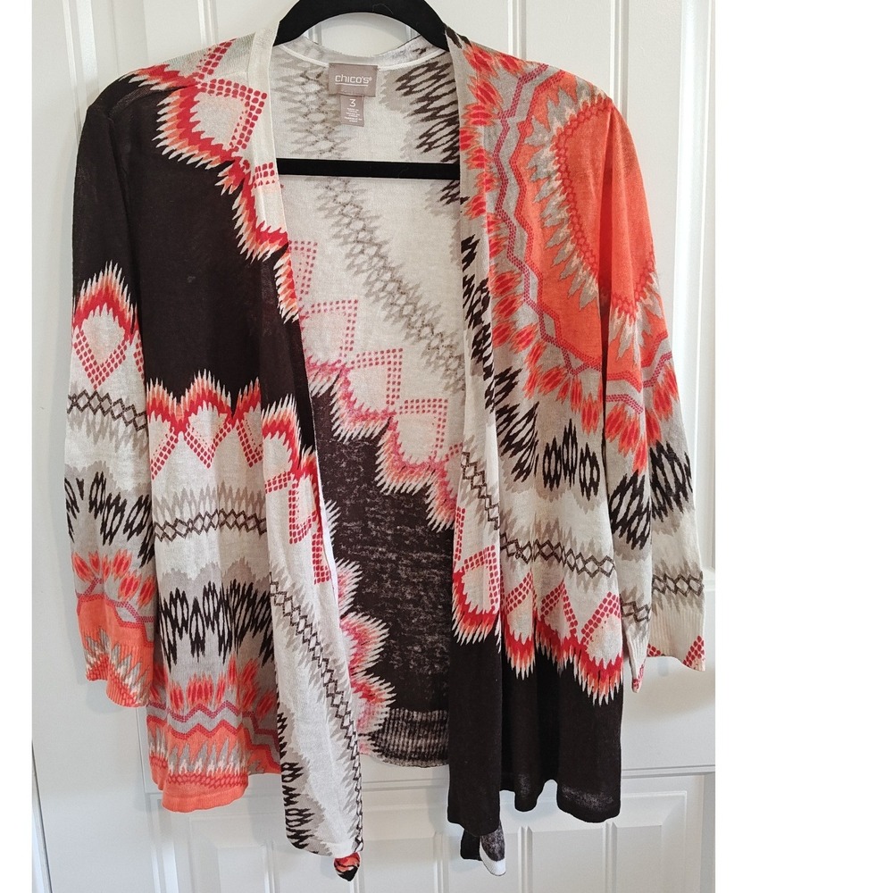 Women Size 3 (XL 16) Chicos Tribal Geometric Knit‎ Open Front Cardigan Boho